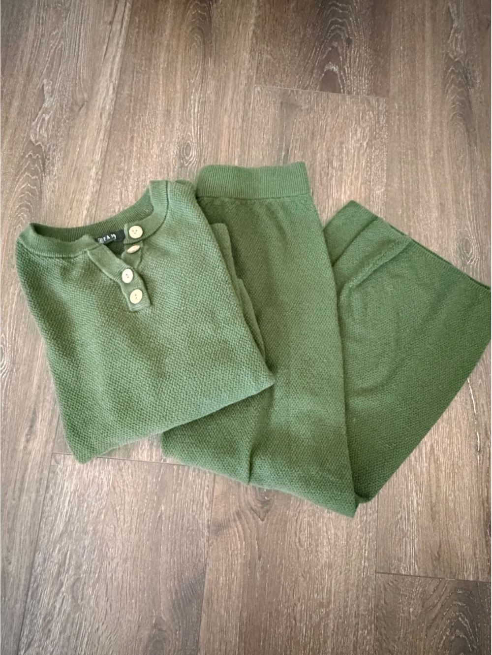 Olive/Moss Green Waffle Knit Lounge Set Henley Sweater Wide Leg Pants M